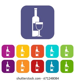 Wine bottle and glass icons set vector illustration in flat style In colors red, blue, green and other