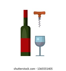 Wine bottle and glass illustration. Picnic, summer, weekend. Grill party concept. Vector illustration can be used for topics like eating, food, grill picnic