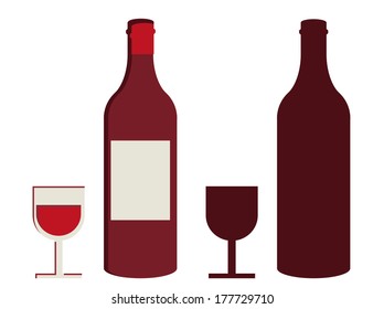 WINE BOTTLE AND WINE GLASS ILLUSTRATION AND SILHOUETTE vector