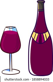 Wine bottle and glass, illustration, vector on white background