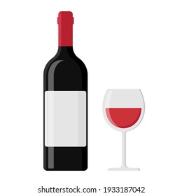 Wine bottle and glass isolated on white background. Flat vector illustration