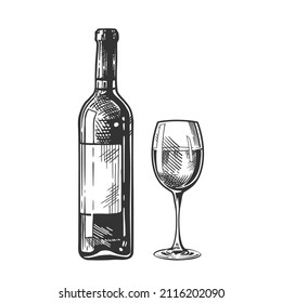 Wine bottle and wine glass isolated on white background, hand-drawing. Vector vintage engraved illustration.