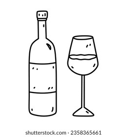 Botella de vino y vaso de vino aislados de fondo blanco. Bebida alcohólica. Ilustración de vectores dibujada a mano en estilo doodle. Perfecto para tarjetas, menús, decoraciones, logotipo y varios diseños.