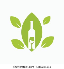 wine bottle with glass in leaf vector illustration template
