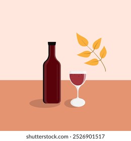Wine bottle and glass with leav