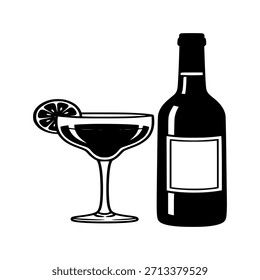 Weinflasche und Glas mit Zitronenscheibe