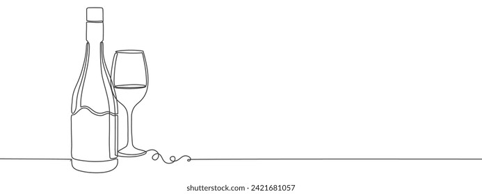 wine bottle and glass line art style illustration vector eps