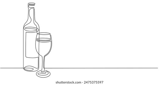 wine bottle with glass, line art drawing of wine bottle with glass
