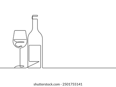 Botella de vino y línea de vidrio de vino de dibujo de arte. Concepto de bebida Abstractas silueta lineal en blanco. Dibujo de línea moderno del vino para el estilo mínimo del logotipo del glamour, diseño de la etiqueta. Vector EPS 10