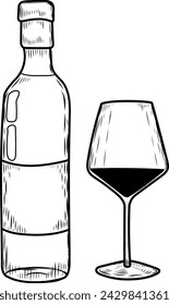 Wine bottle and glass line drawing isolated on white background.