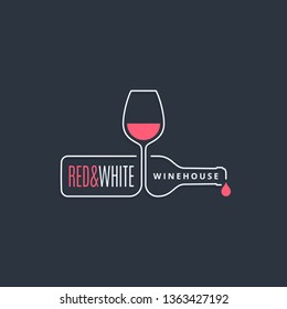 wine bottle with wine glass line icon on black background