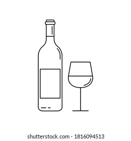 Wine bottle with wine glass line icon. Outline silhouette. Vector illustration.