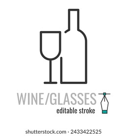 Wine bottle with wine glass line icon. Alcohol symbol.Empty Wineglass and bottle simple thin pictogram.Bar sign. Vector graphics illustration EPS 10. Editable stroke