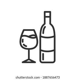 Wine bottle and glass, linear icon. Line with editable stroke