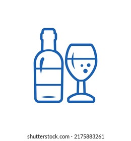 Wine bottle and glass  linear icon. Outline silhouette of wine bottle and glass. Monochrome logo, vector design element