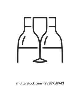 Wine bottle and glass, linear icon. Line with editable stroke