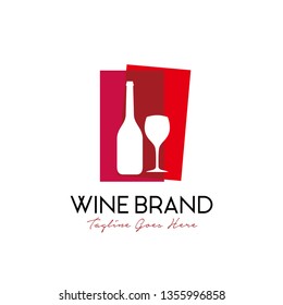 wine bottle and glass logo design vector template. colorful trendy illustration in red color. wine brand, grape wine label, alcohol drinks, bar menu symbol icon 