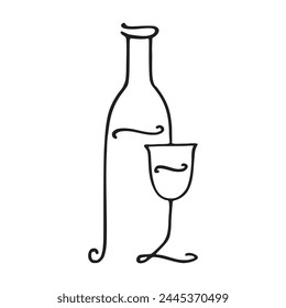 Wine bottle and glass logo simple hand drawn outline illustration image. Simple elegant wine bar and restaurant contour drawing logo. Single bottle and cup detail, perfect for winery sign pen drawing.