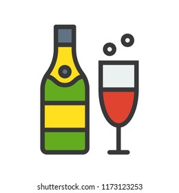 wine bottle and wine glass, Merry Christmas theme set, filled outline editable stroke pixel perfect icon