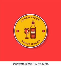 Wine Bottle and Glass Minimal Badge Sticker Logo Design Flat Illustration