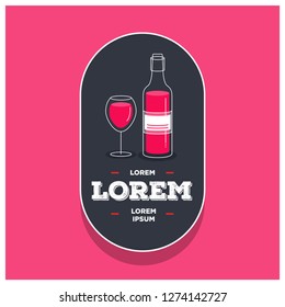 Wine Bottle and Glass Minimal Badge Sticker Logo Design Flat Illustration