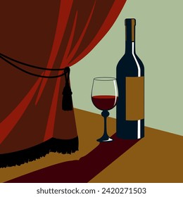 Botella de vino con vaso de vino. Dibujo de color minimalista y plano. Ilustración del vector