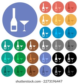 Wine bottle and glass multi colored flat icons on round backgrounds. Included white, light and dark icon variations for hover and active status effects, and bonus shades.