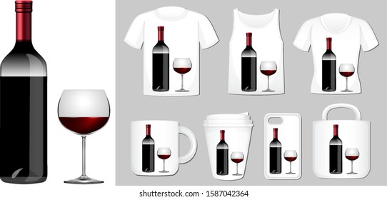 Wine bottle and glass on different product templates illustration