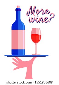 Wine bottle and glass on a tray held by a hand, vector illustration, modern colors