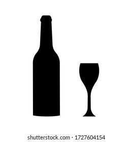   Wine bottle  and glass on white  background . Black bottle  vector icon.