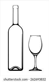 Wine bottle and glass on white background.