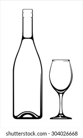 Wine bottle and glass on white background.