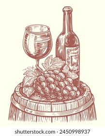 Wine bottle and wine glass on wodden barrel. Winery, vineyard sketch. Vintage vector illustration