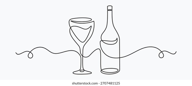Botella de vino y copa con vino, un boceto de línea continua. Arte lineal, Ilustración vectorial