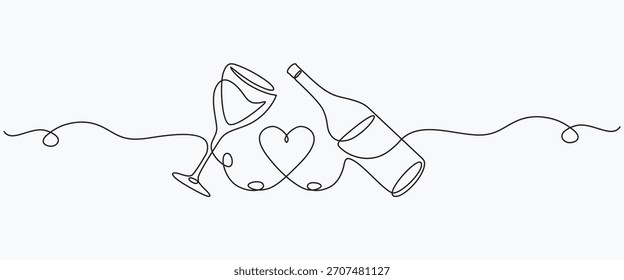 Botella de vino y copa con vino, un boceto de línea continua. Arte lineal, Ilustración vectorial