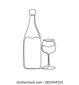 A wine bottle and wine glass. One line drawing. Vector illustration continuous line drawing.