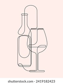 Wine bottle and glass with wine, one line sketch. Line art, vector