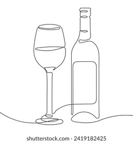 Botella de vino y vidrio con vino, boceto de una línea. Arte de línea, vector