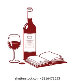 Wine Bottle Glass And Open Book Red Line Art Illustration