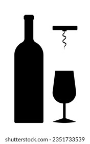 Wine bottle with wine glass and wine opener icon isolated on white background. Vector illustration.