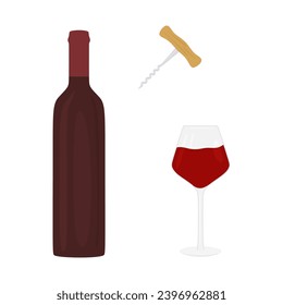 Wine bottle, glass of wine and bottle opener isolated on white background. Filled glass of red wine for relaxing. Spiral corkscrew in flat style. Colorful Vector illustration