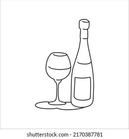 Wine bottle and glass outline icon on white background. Black white cartoon sketch graphic design. Doodle style. Hand drawn image. Party drinks concept. Freehand drawing style. Vector.

