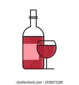 Wine bottle with glass. Outline thin line flat illustration. Isolated on white background. 