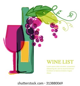 Wine bottle, glass, pink grape vine, watercolor illustration. Abstract vector background design template. Concept for wine list, menu, flyer, party, alcohol drinks, celebration holidays.
