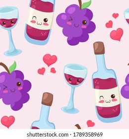 Wine Bottle, Glass & Purple Grapes cartoon characters. Vector kawaii drink illustration in cute cartoon style designed in seamless pattern on white light pink background. Bar, pub, cafe decoration.