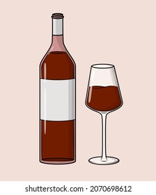 Wine bottle and glass of red wine in modern flatstyle