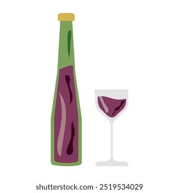 Wine bottle and glass with red wine on white background. Vector illustration of glass bottle with alcohol, glass goblet.
