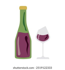 Botella de vino y copa con vino tinto. Ilustración vectorial de botella de vidrio con alcohol, copa de vidrio.