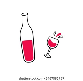 Wine bottle and glass. Red vine bottle and wineglass. Hand drawn line elements. Champagne splashes. Vector illustration in doodle style on white background.