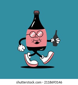 wine bottle and glass retro cartoon style